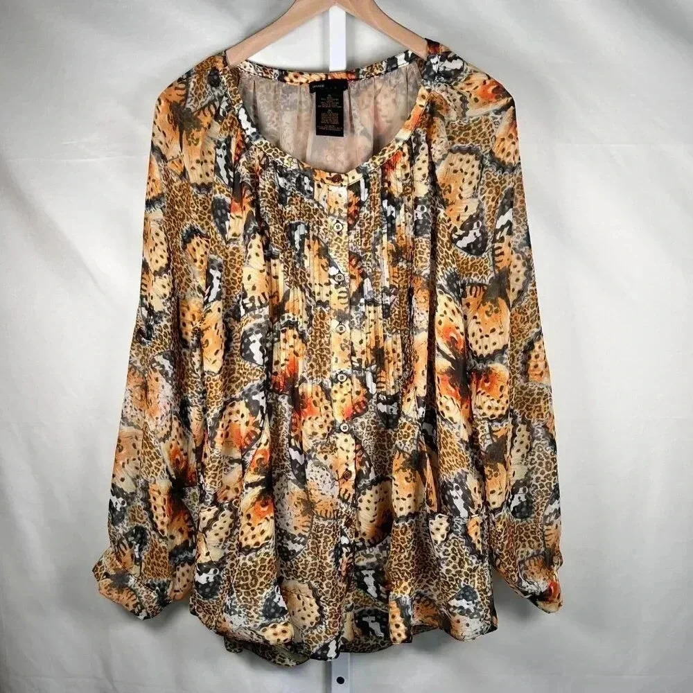 Grace Elements Monarch Butterfly Blouse Size XL Chiffon Teacher Yellow Orange